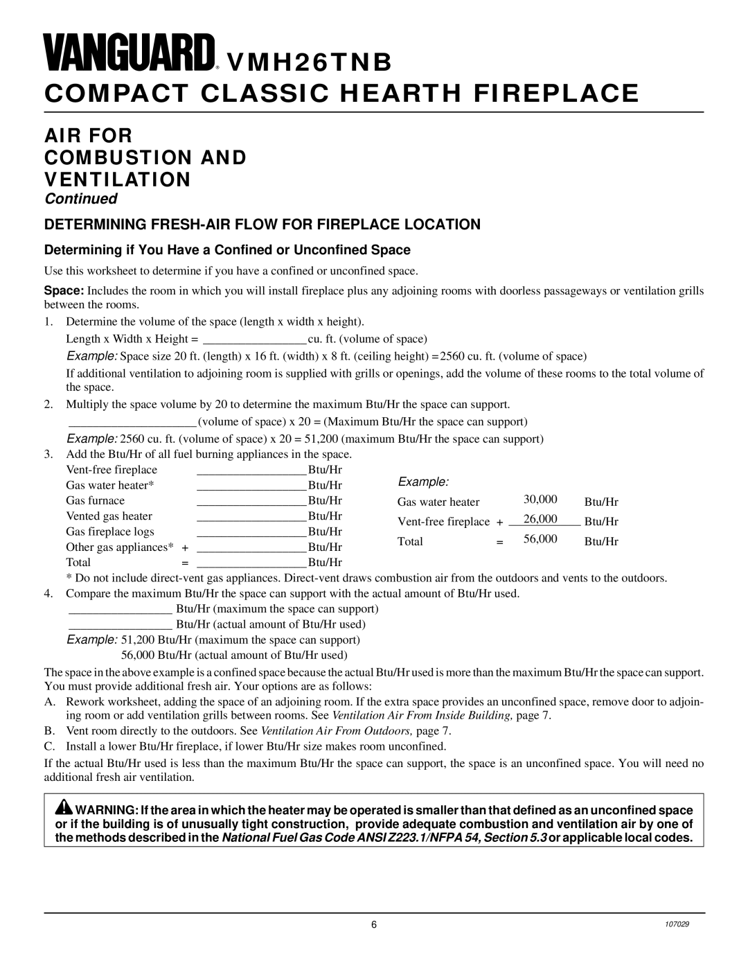 Desa VMH26TNB installation manual AIR for Combustion Ventilation, Determining FRESH-AIR Flow for Fireplace Location 