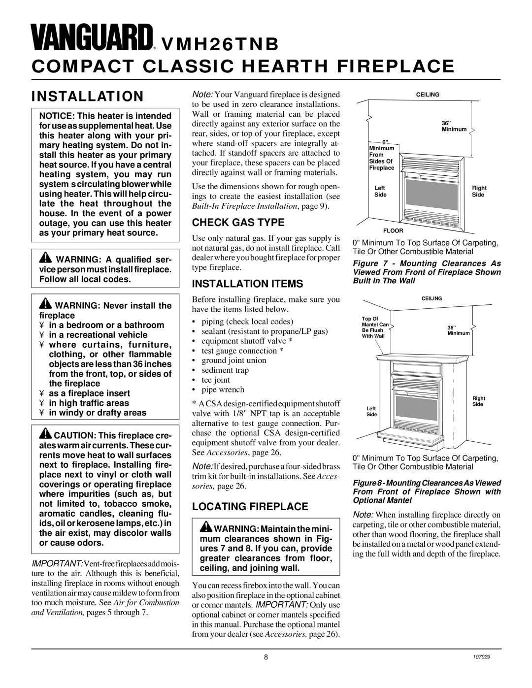 Desa VMH26TNB installation manual Check GAS Type, Installation Items, Locating Fireplace 