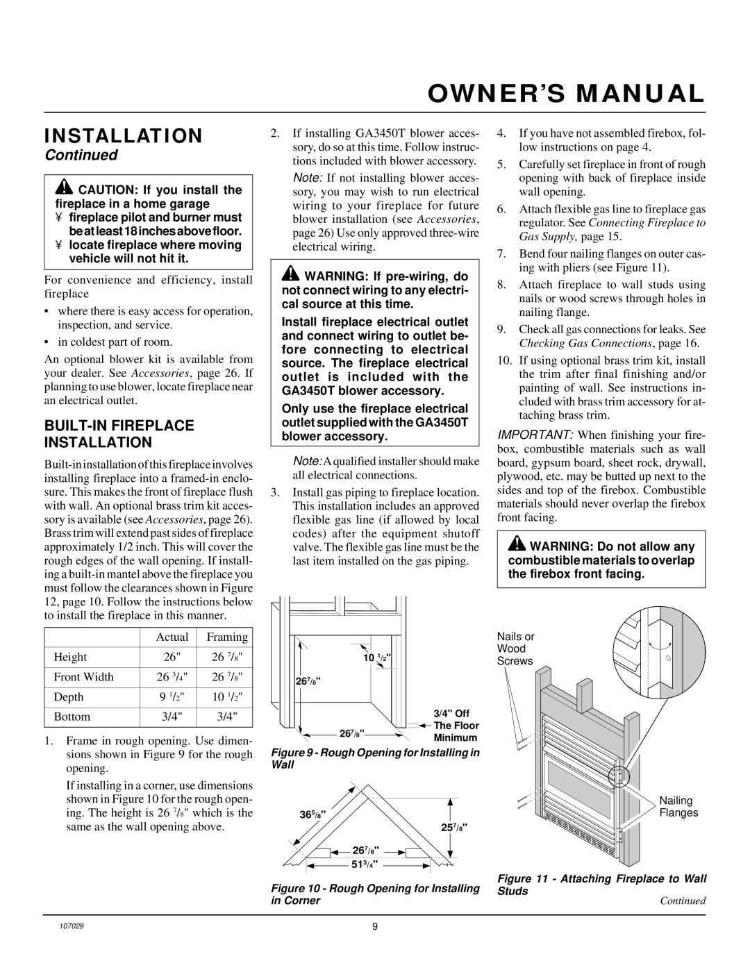 Desa VMH26TNB installation manual BUILT-IN Fireplace Installation, Locate fireplace where moving vehicle will not hit it 