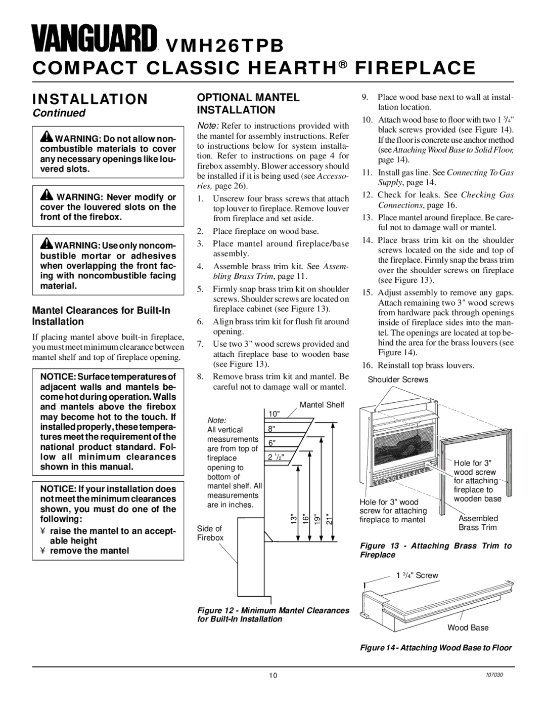 Desa VMH26TPB 14 Optional Mantel, Mantel Clearances for Built-In Installation, Raise the mantel to an accept, Able height 