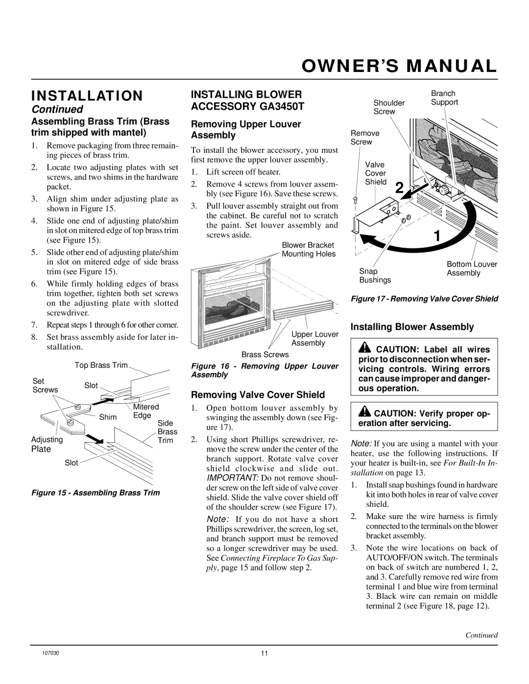 Desa VMH26TPB 14 Installing Blower Accessory GA3450T, Assembling Brass Trim Brass trim shipped with mantel 