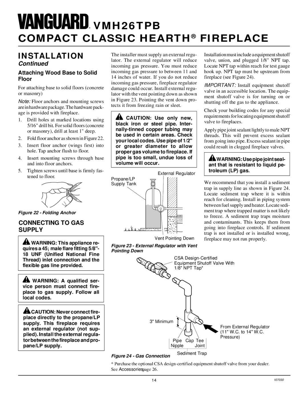 Desa VMH26TPB 14 installation manual Connecting to GAS Supply, Attaching Wood Base to Solid Floor 