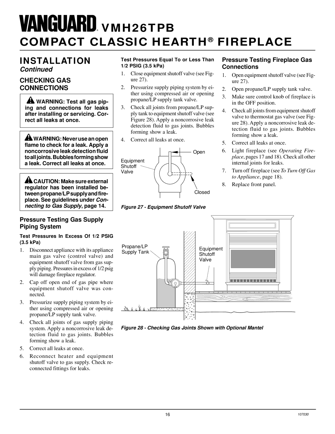 Desa VMH26TPB 14 installation manual Checking GAS Connections, Pressure Testing Fireplace Gas Connections 