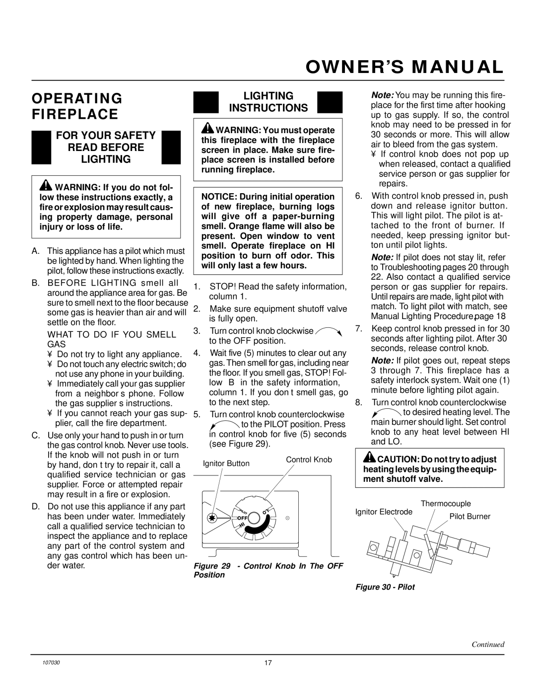 Desa VMH26TPB 14 installation manual Operating Fireplace, For Your Safety Read Before Lighting, Lighting Instructions 