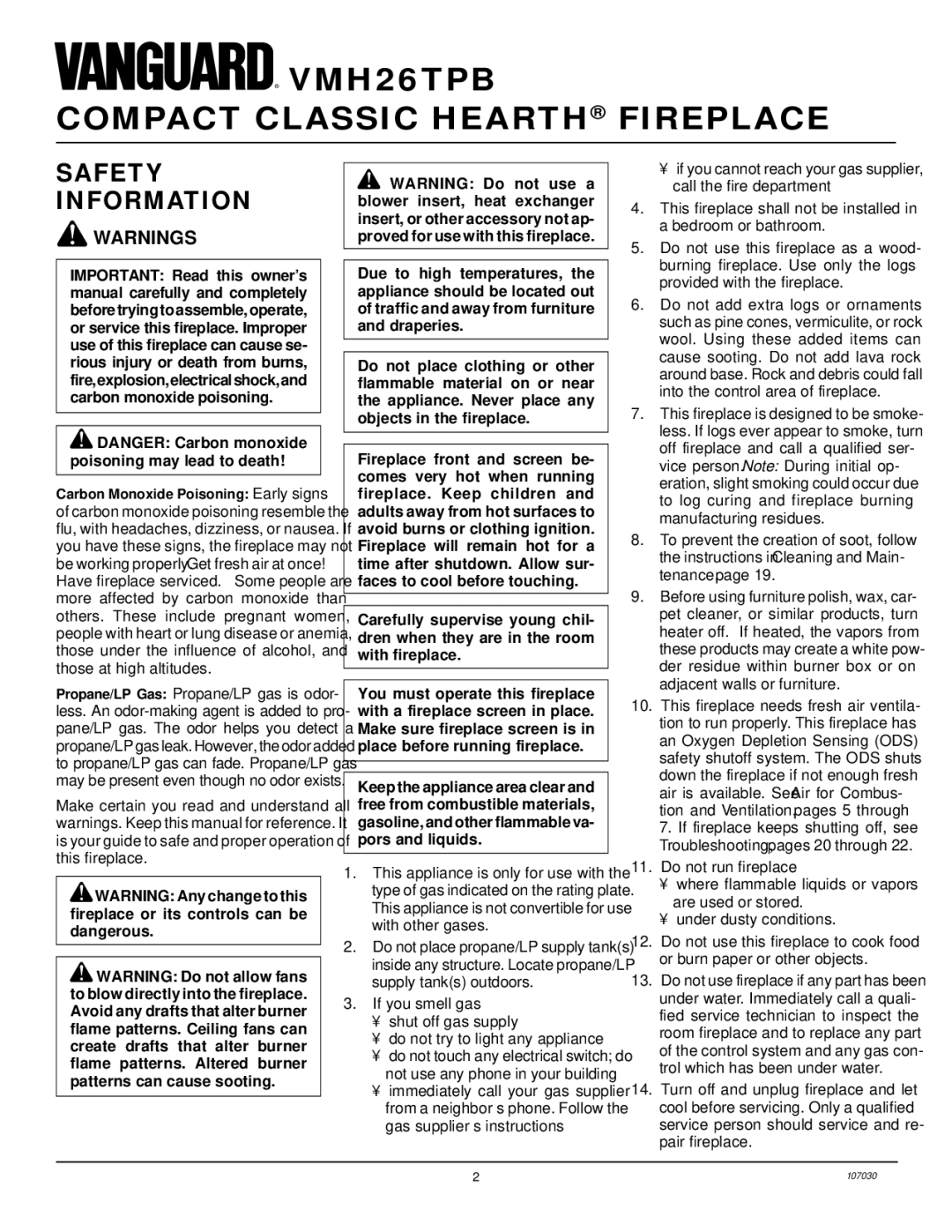 Desa VMH26TPB 14 installation manual Compact Classic Hearth Fireplace, Safety Information 