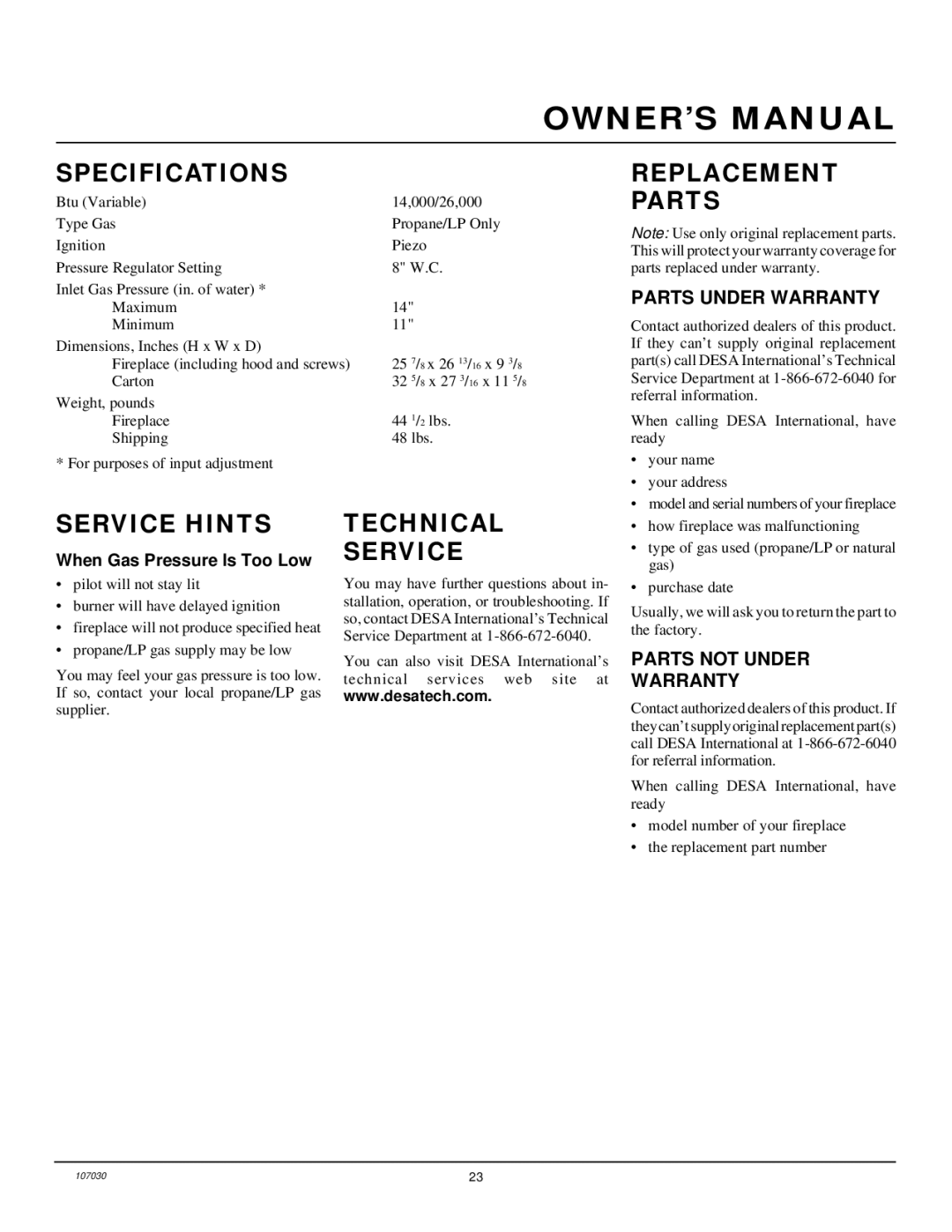 Desa VMH26TPB 14 installation manual Specifications, Replacement Parts, Service Hints, Technical Service 