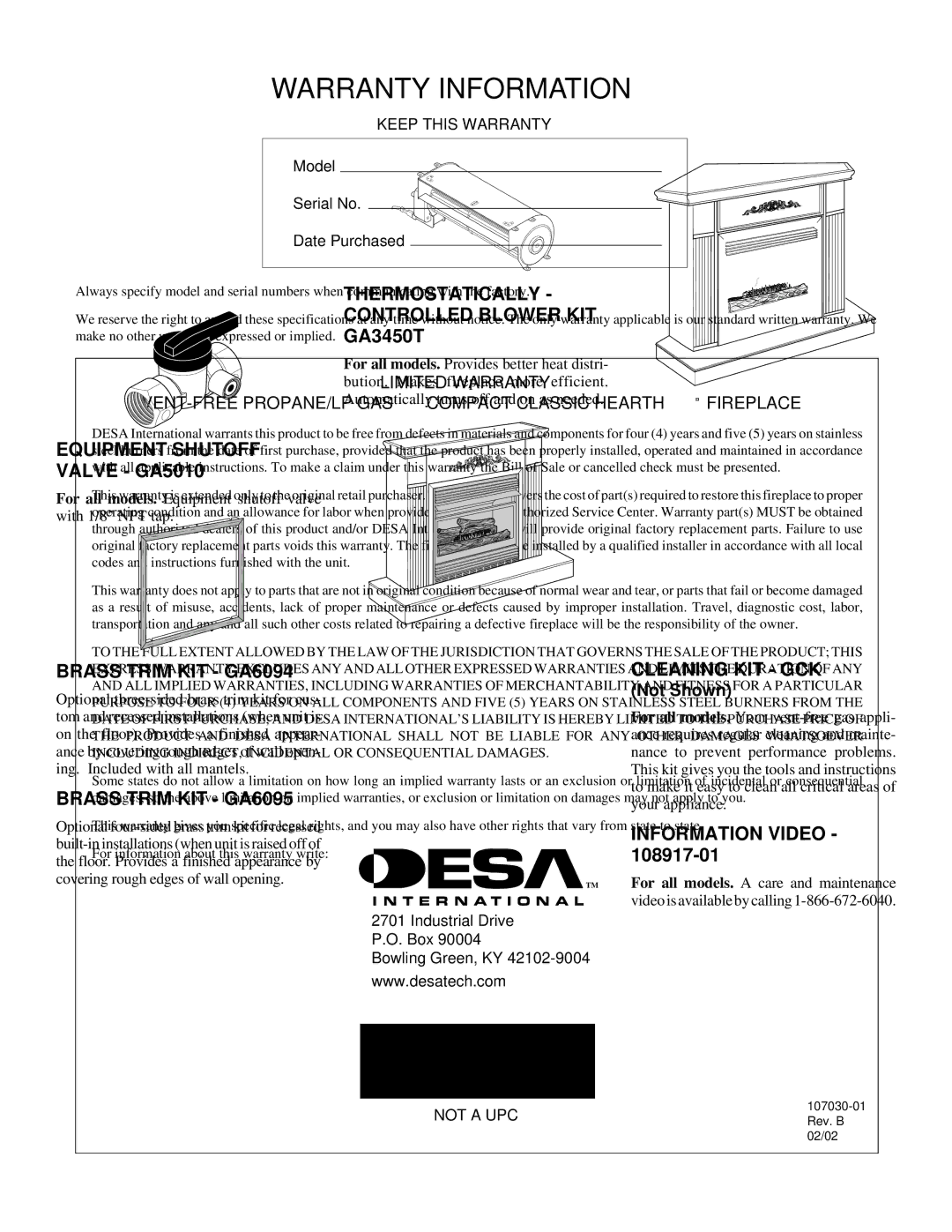 Desa VMH26TPB 14 installation manual Warranty Information 