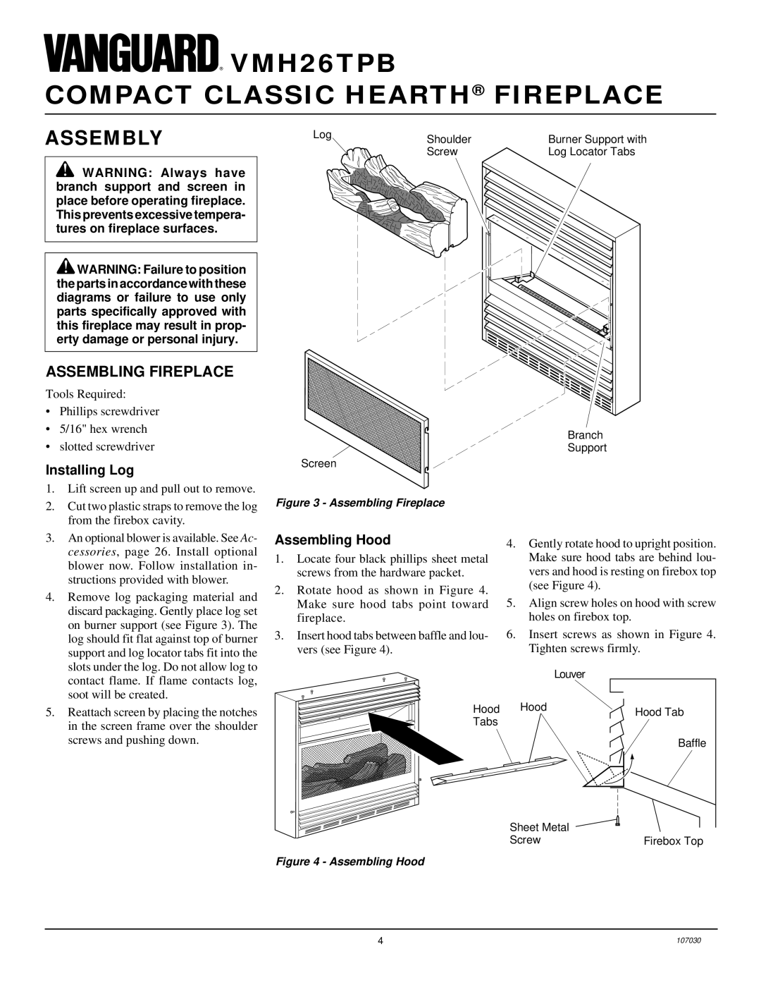 Desa VMH26TPB 14 installation manual Assembly, Assembling Fireplace, Installing Log, Assembling Hood 