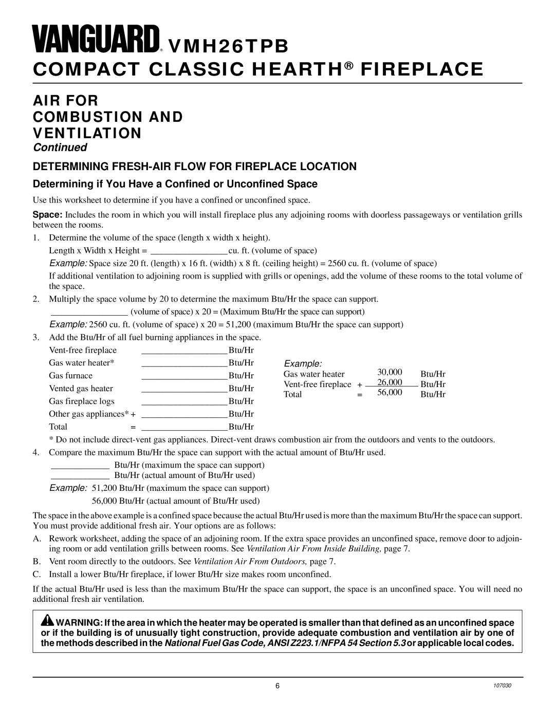 Desa VMH26TPB 14 installation manual AIR for Combustion Ventilation, Determining FRESH-AIR Flow for Fireplace Location 