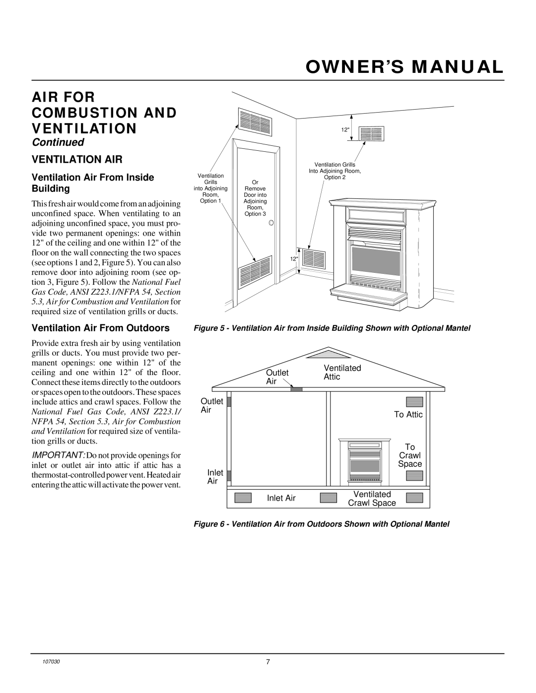 Desa VMH26TPB 14 installation manual Ventilation AIR, Ventilation Air From Inside Building, Ventilation Air From Outdoors 