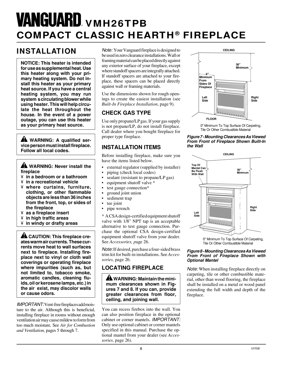 Desa VMH26TPB 14 installation manual Check GAS Type, Installation Items, Locating Fireplace 