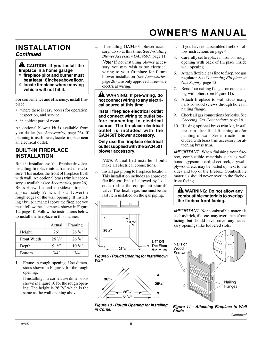 Desa VMH26TPB 14 installation manual BUILT-IN Fireplace Installation, Locate fireplace where moving vehicle will not hit it 