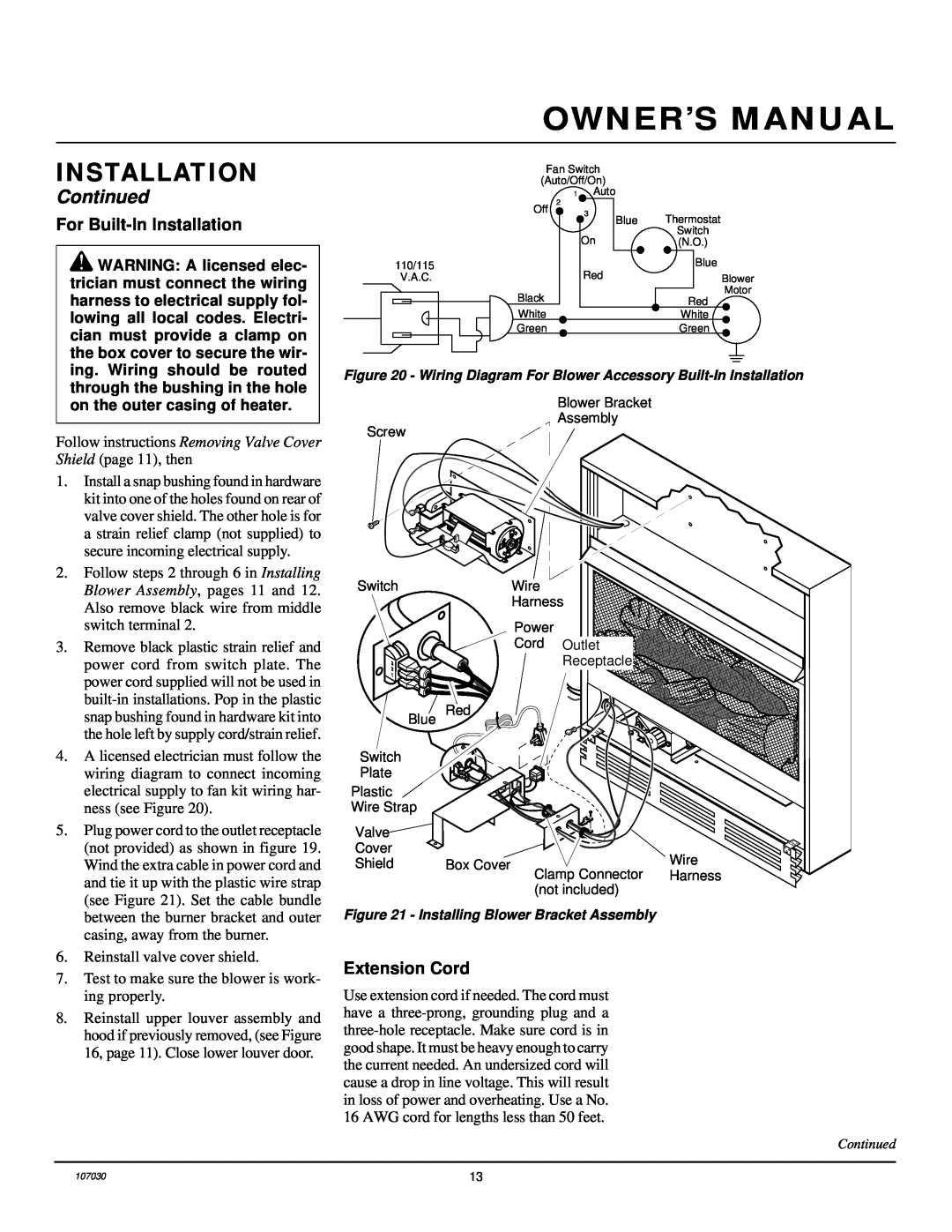 Desa VMH26TPB 14 installation manual For Built-InInstallation, Extension Cord, Continued 