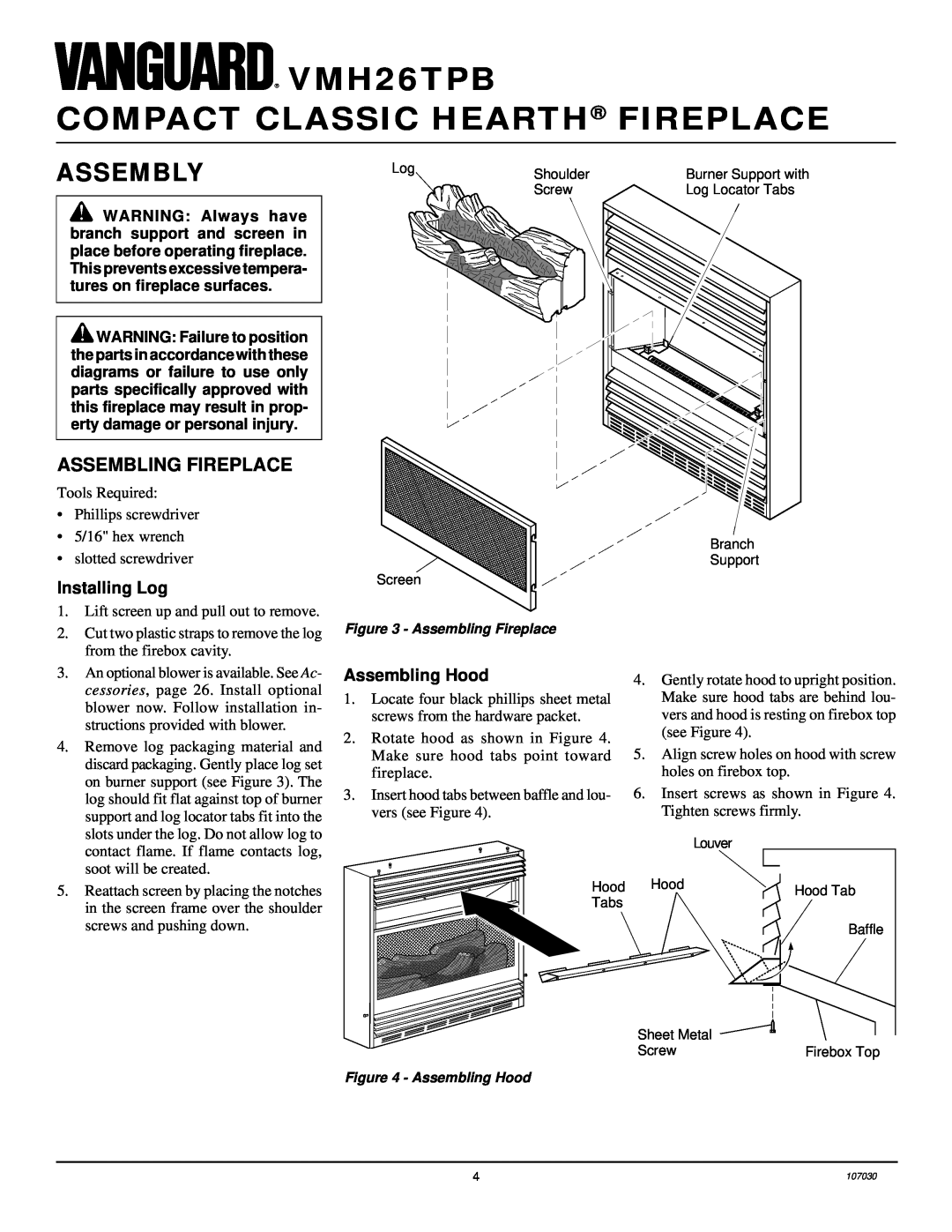 Desa VMH26TPB 14 installation manual Assembly, Assembling Fireplace, Installing Log, Assembling Hood 
