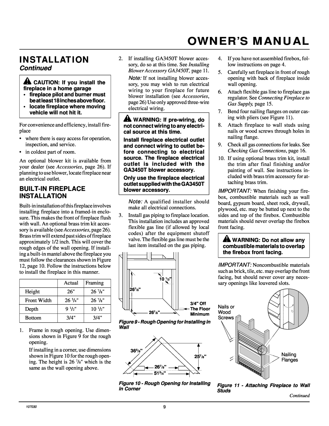 Desa VMH26TPB 14 installation manual Built-Infireplace Installation, Continued 