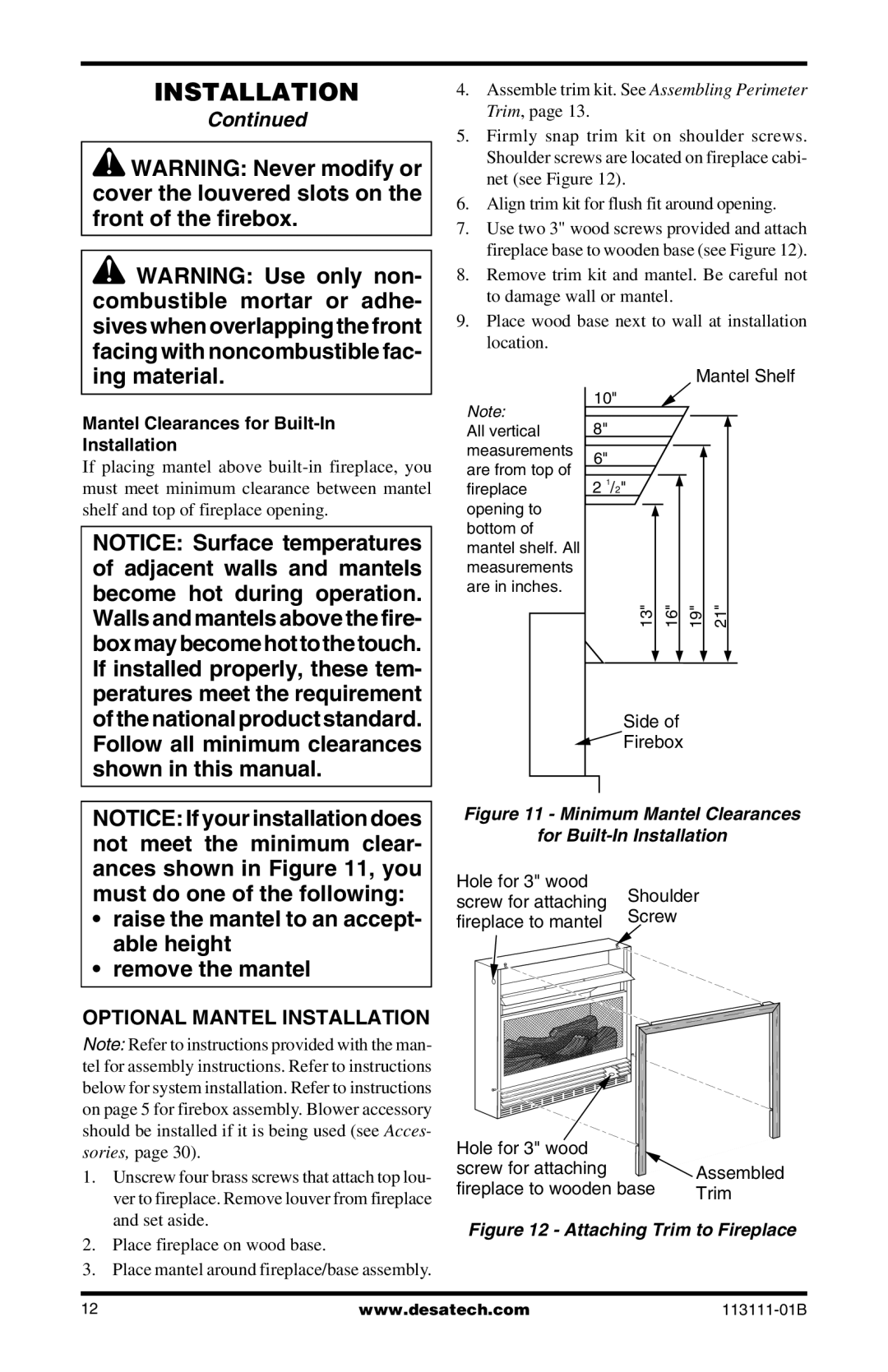 Desa VMH26TPC, VMH26TNC installation manual Optional Mantel Installation, Mantel Clearances for Built-In Installation 