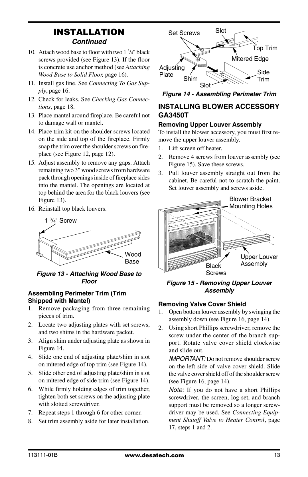 Desa VMH26TNC, VMH26TPC Installing Blower Accessory GA3450T, Assembling Perimeter Trim Trim Shipped with Mantel 