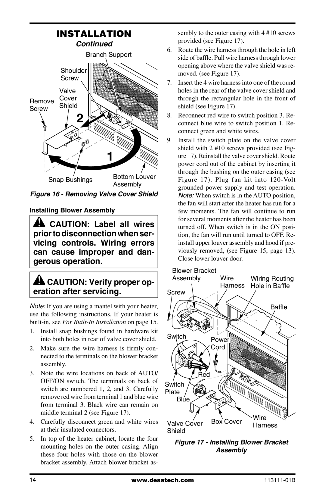 Desa VMH26TPC, VMH26TNC installation manual Installing Blower Assembly, Removing Valve Cover Shield 