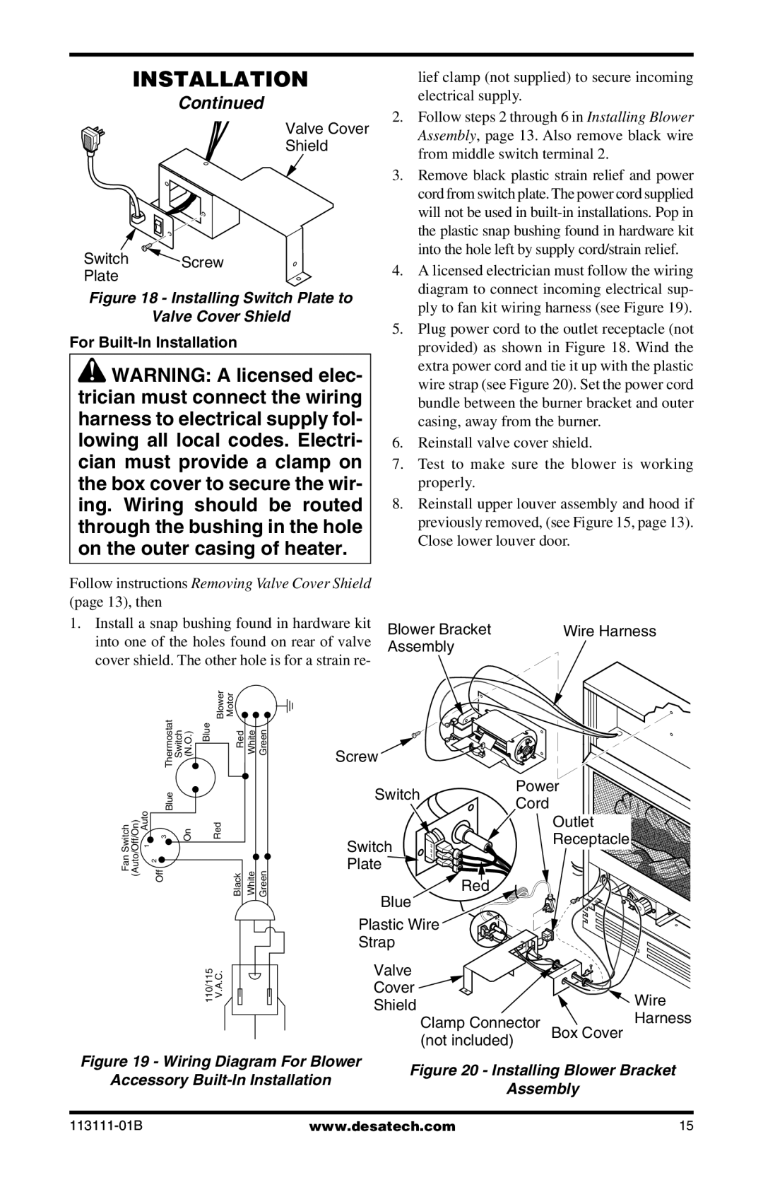 Desa VMH26TNC, VMH26TPC installation manual Installing Switch Plate to Valve Cover Shield, For Built-In Installation 