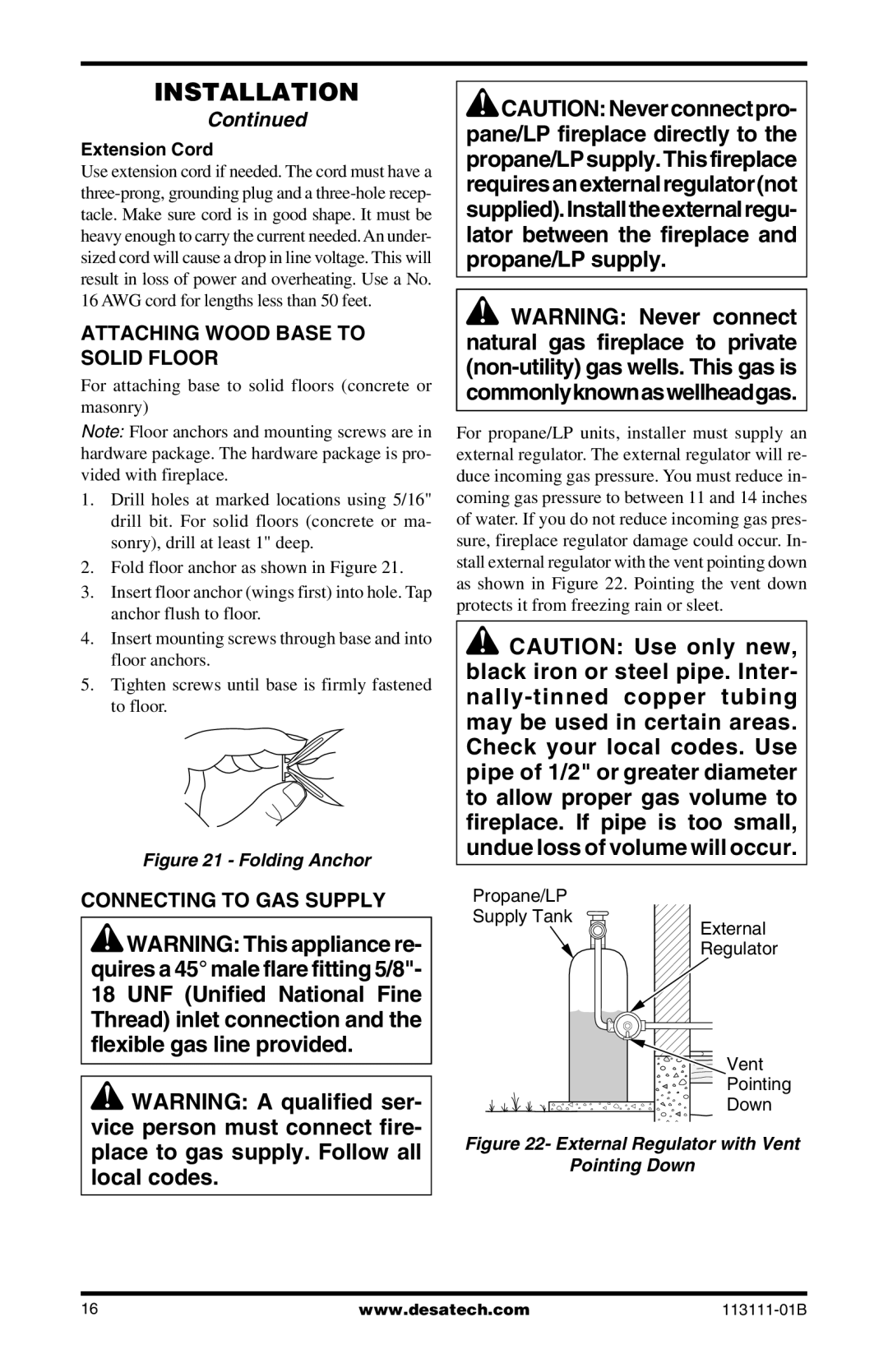 Desa VMH26TPC, VMH26TNC installation manual Attaching Wood Base to Solid Floor, Connecting to GAS Supply, Extension Cord 