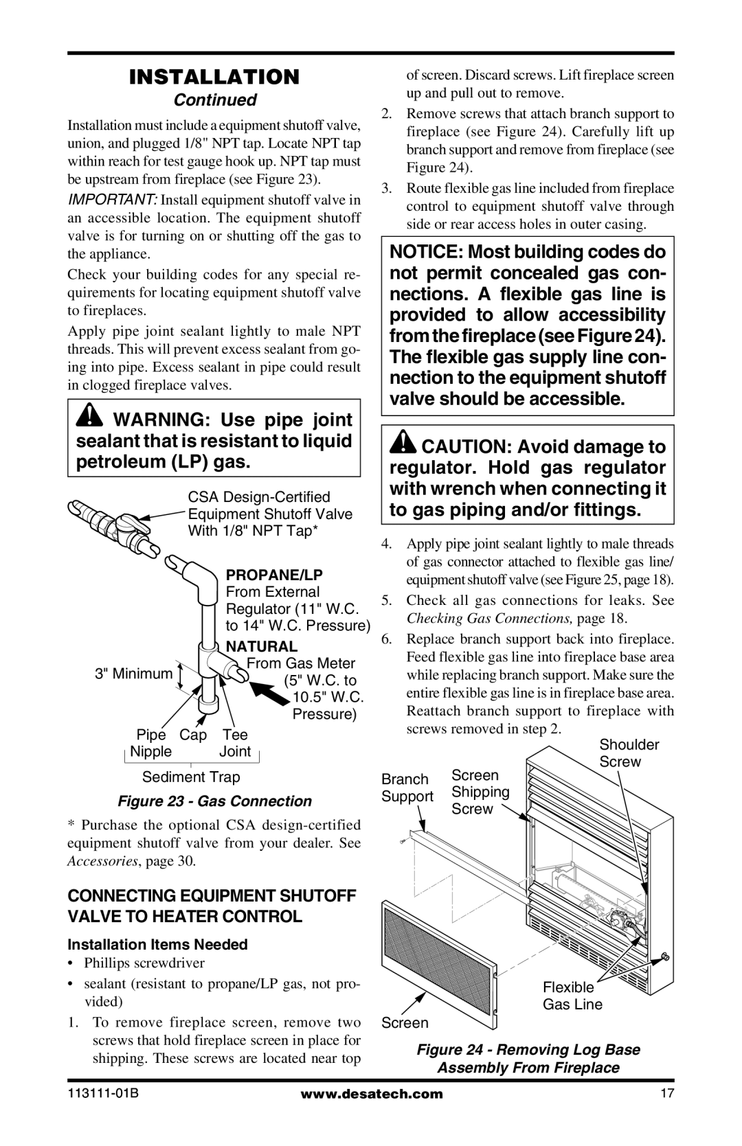 Desa VMH26TNC, VMH26TPC installation manual Connecting Equipment Shutoff Valve to Heater Control, Installation Items Needed 