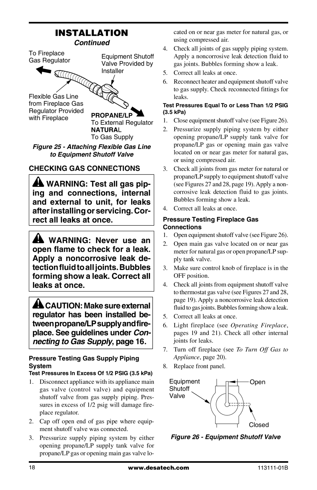 Desa VMH26TPC, VMH26TNC installation manual Checking GAS Connections, Pressure Testing Gas Supply Piping System 