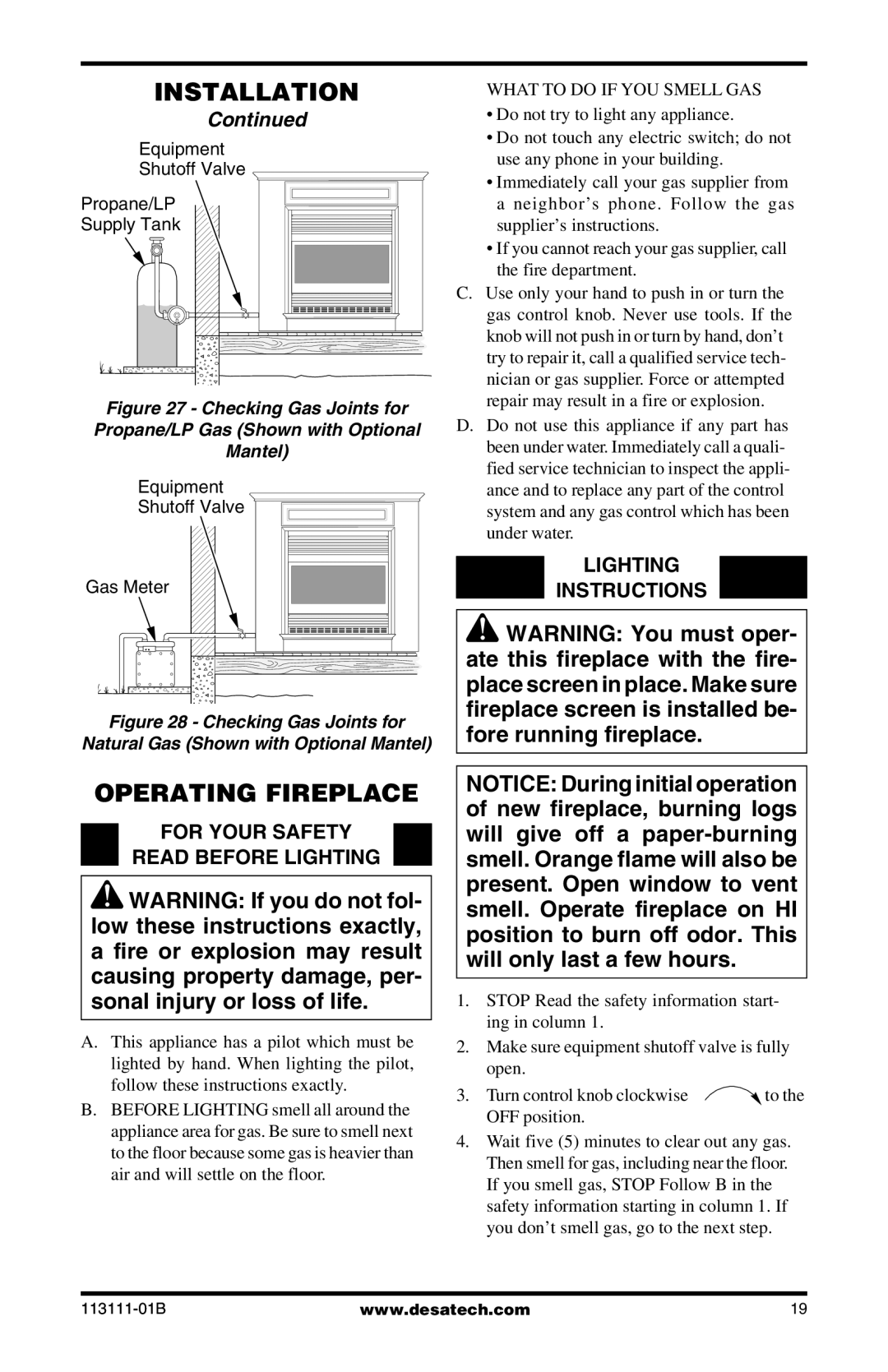 Desa VMH26TNC, VMH26TPC installation manual Operating Fireplace, Lighting Instructions, For Your Safety Read Before Lighting 