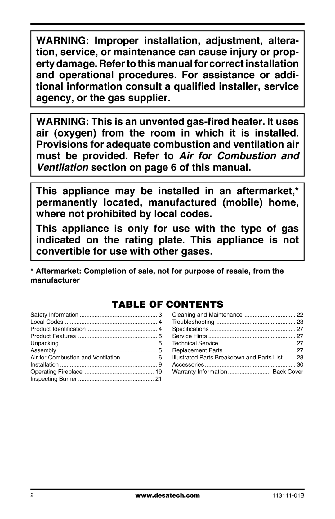 Desa VMH26TPC, VMH26TNC installation manual Table of Contents 