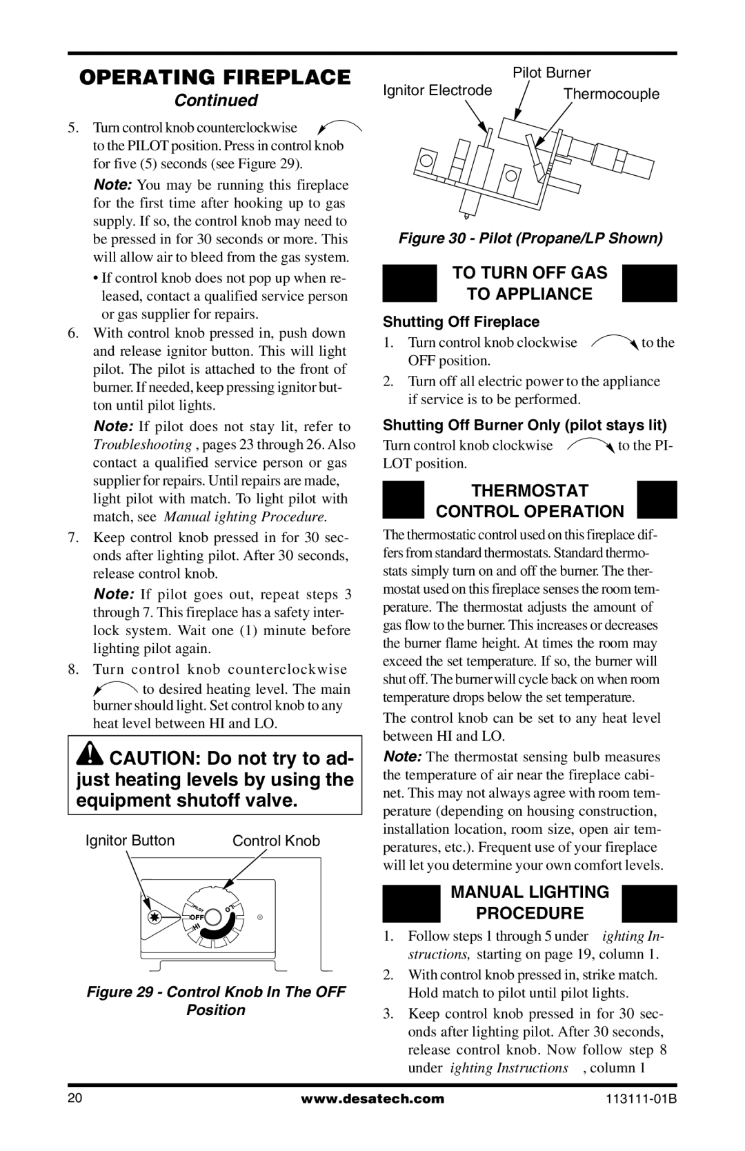 Desa VMH26TPC, VMH26TNC To Turn OFF GAS To Appliance, Thermostat Control Operation, Manual Lighting Procedure 