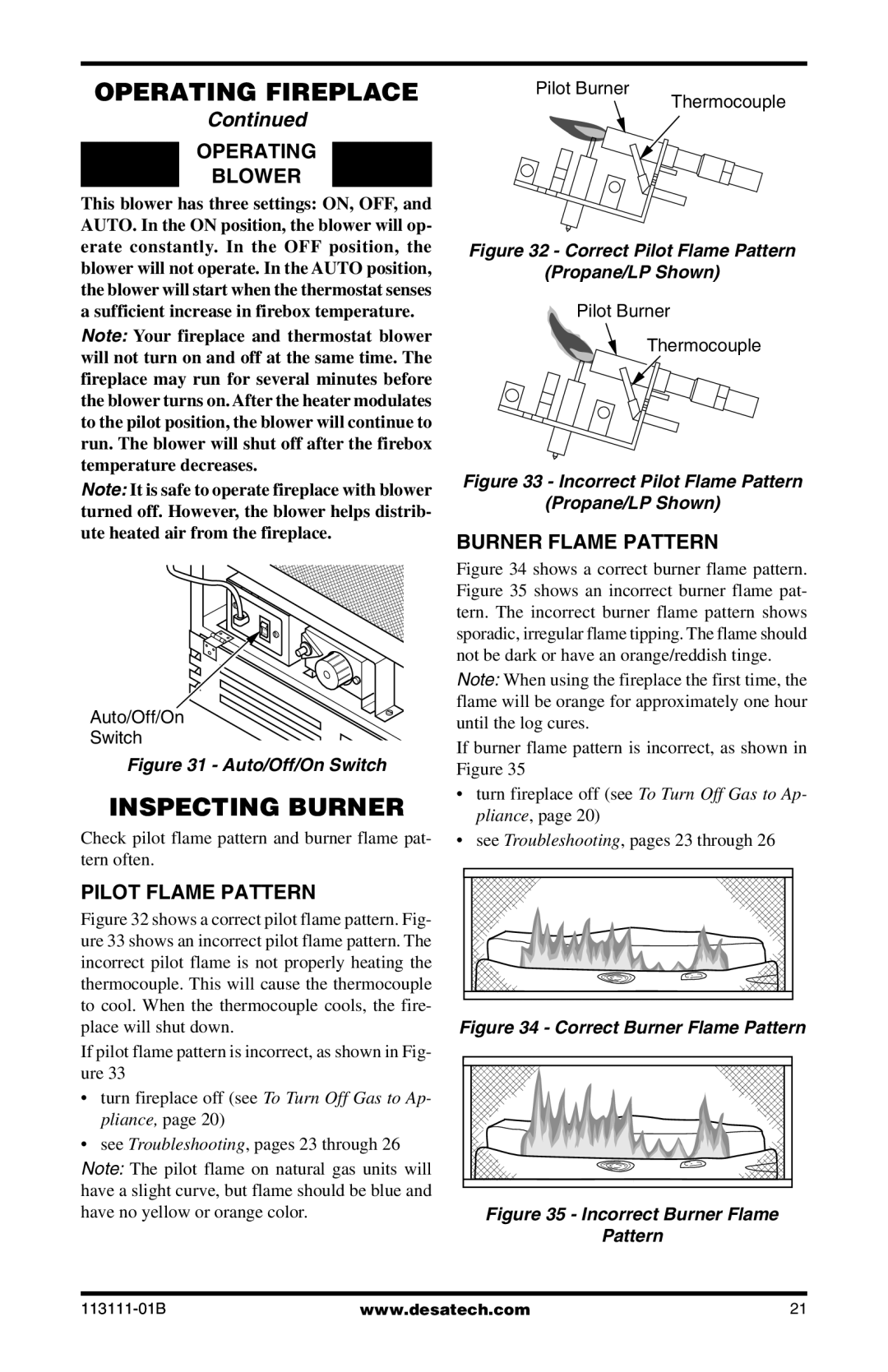 Desa VMH26TNC, VMH26TPC installation manual Inspecting Burner, Operating Blower, Burner Flame Pattern, Pilot Flame Pattern 