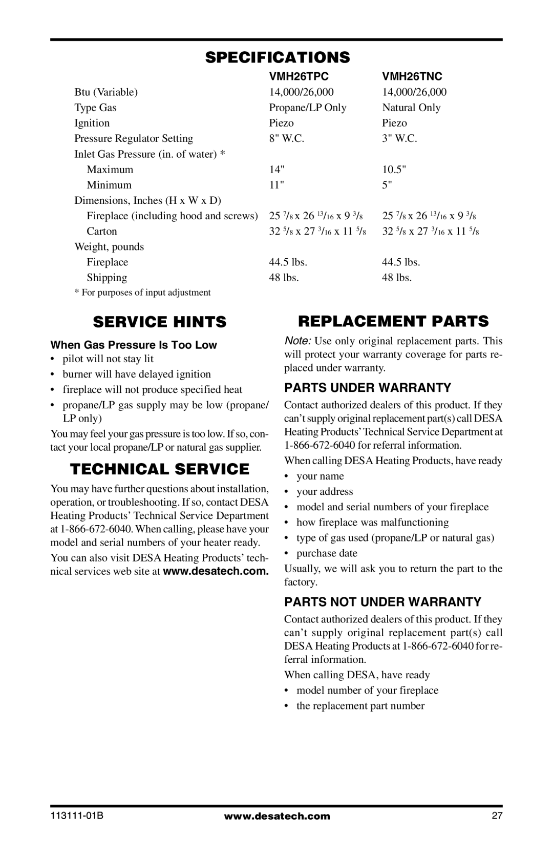 Desa VMH26TNC, VMH26TPC installation manual Specifications, Service Hints, Technical Service, Replacement Parts 