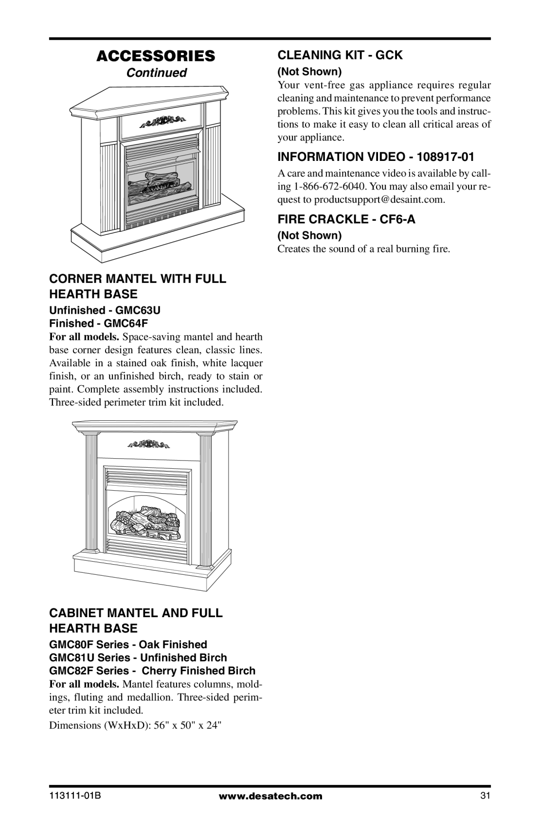 Desa VMH26TNC, VMH26TPC Corner Mantel with Full Hearth Base, Cabinet Mantel and Full Hearth Base, Cleaning KIT GCK 