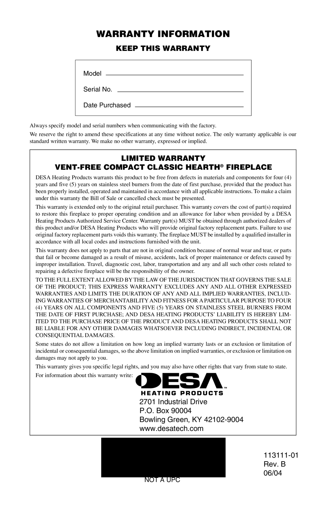 Desa VMH26TPC Warranty Information, Keep this Warranty, Limited Warranty VENT-FREE Compact Classic Hearth Fireplace 