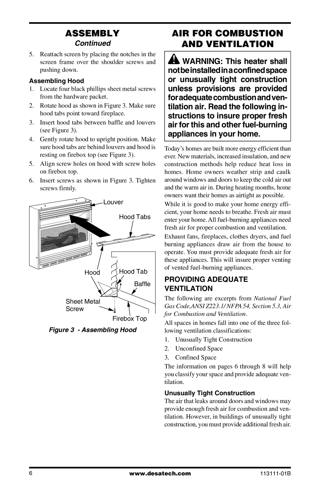 Desa VMH26TPC, VMH26TNC installation manual AIR for Combustion Ventilation, Providing Adequate Ventilation, Assembling Hood 