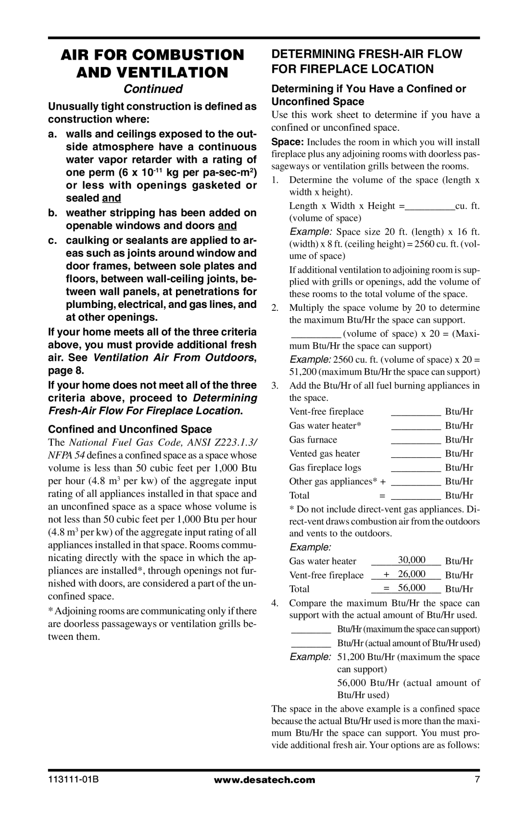 Desa VMH26TNC, VMH26TPC installation manual Determining FRESH-AIR Flow for Fireplace Location, Confined and Unconfined Space 