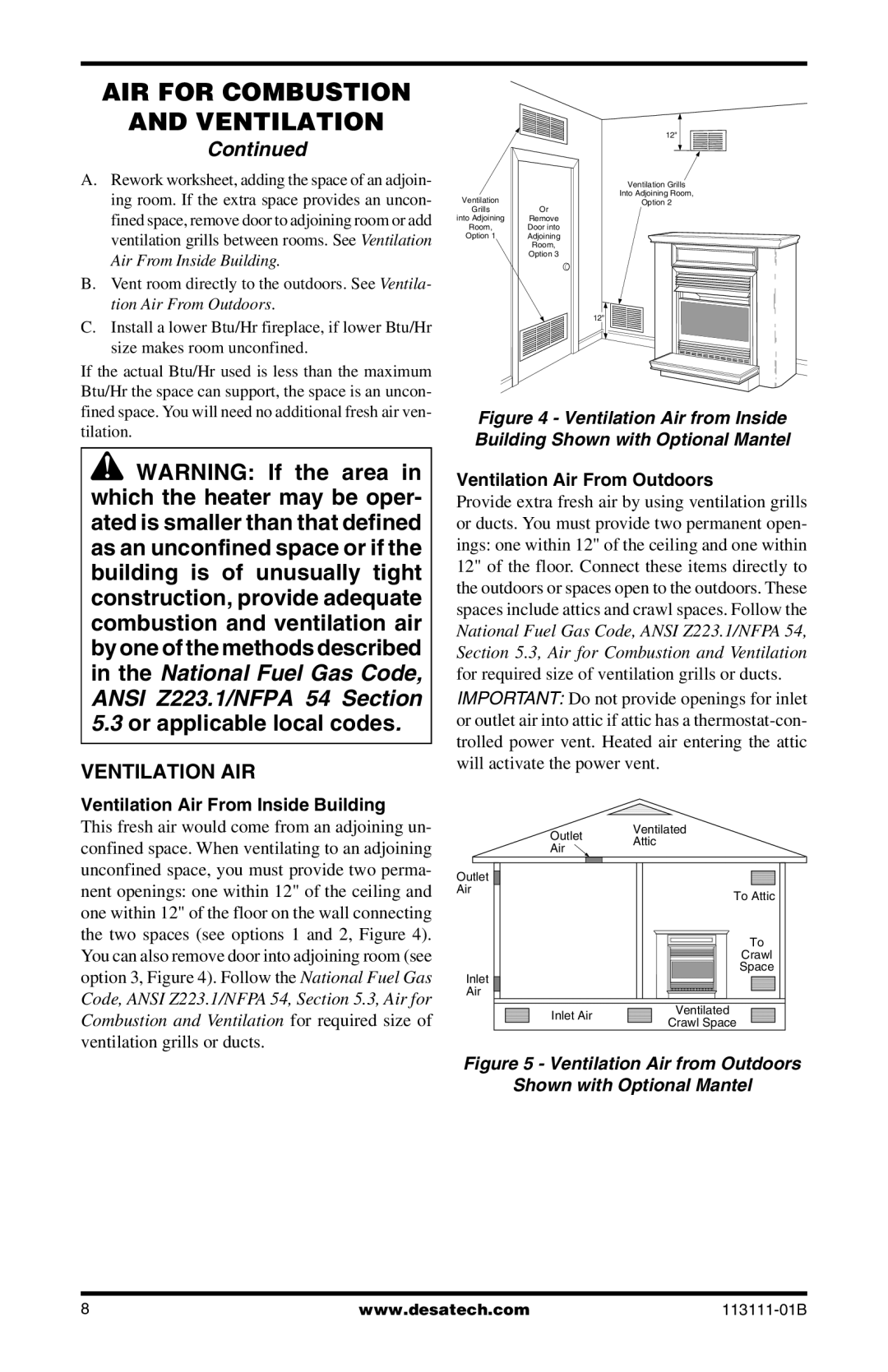 Desa VMH26TPC, VMH26TNC Ventilation AIR, Ventilation Air From Inside Building, Ventilation Air From Outdoors 