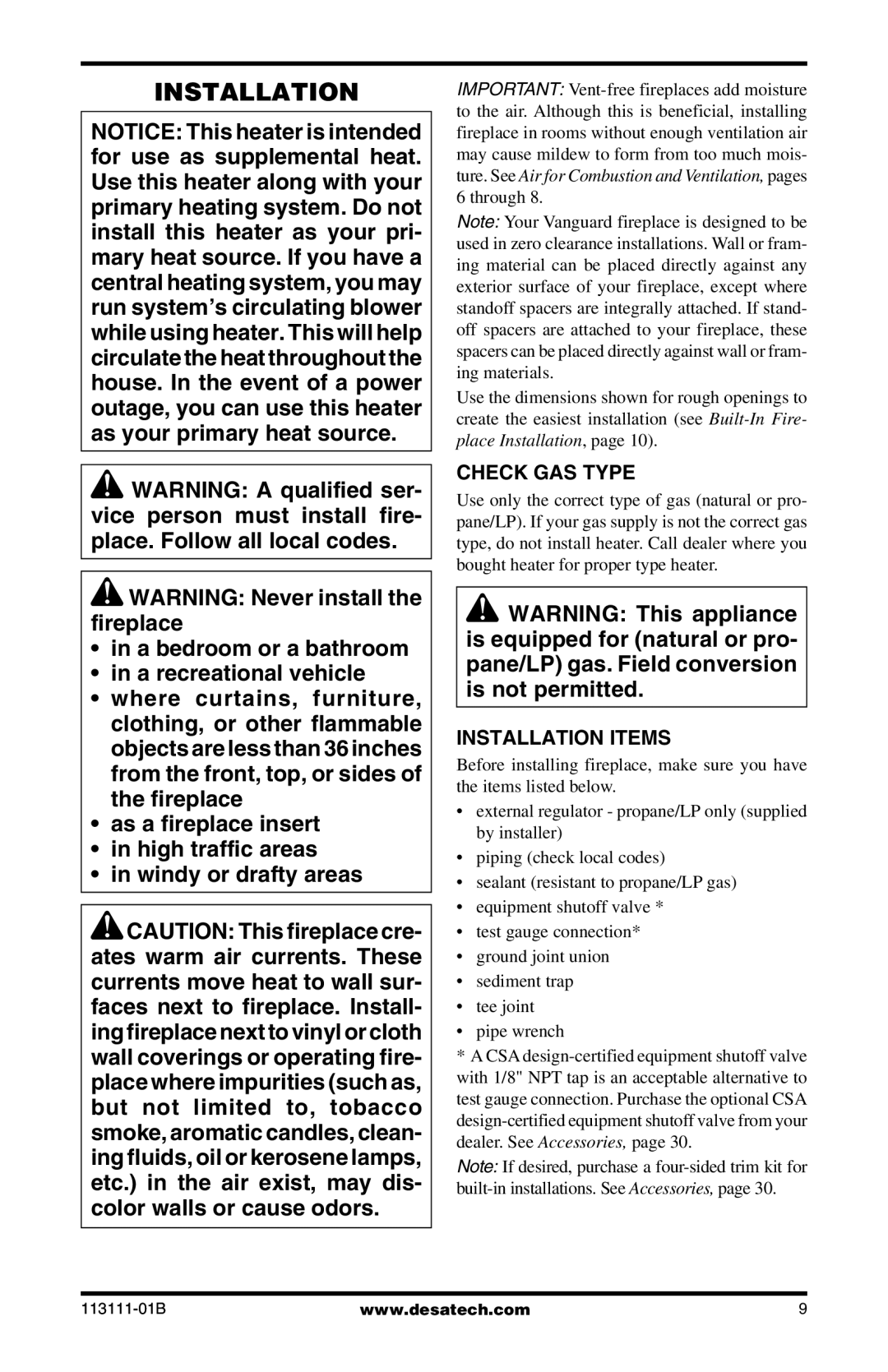 Desa VMH26TNC, VMH26TPC installation manual Check GAS Type, Installation Items 