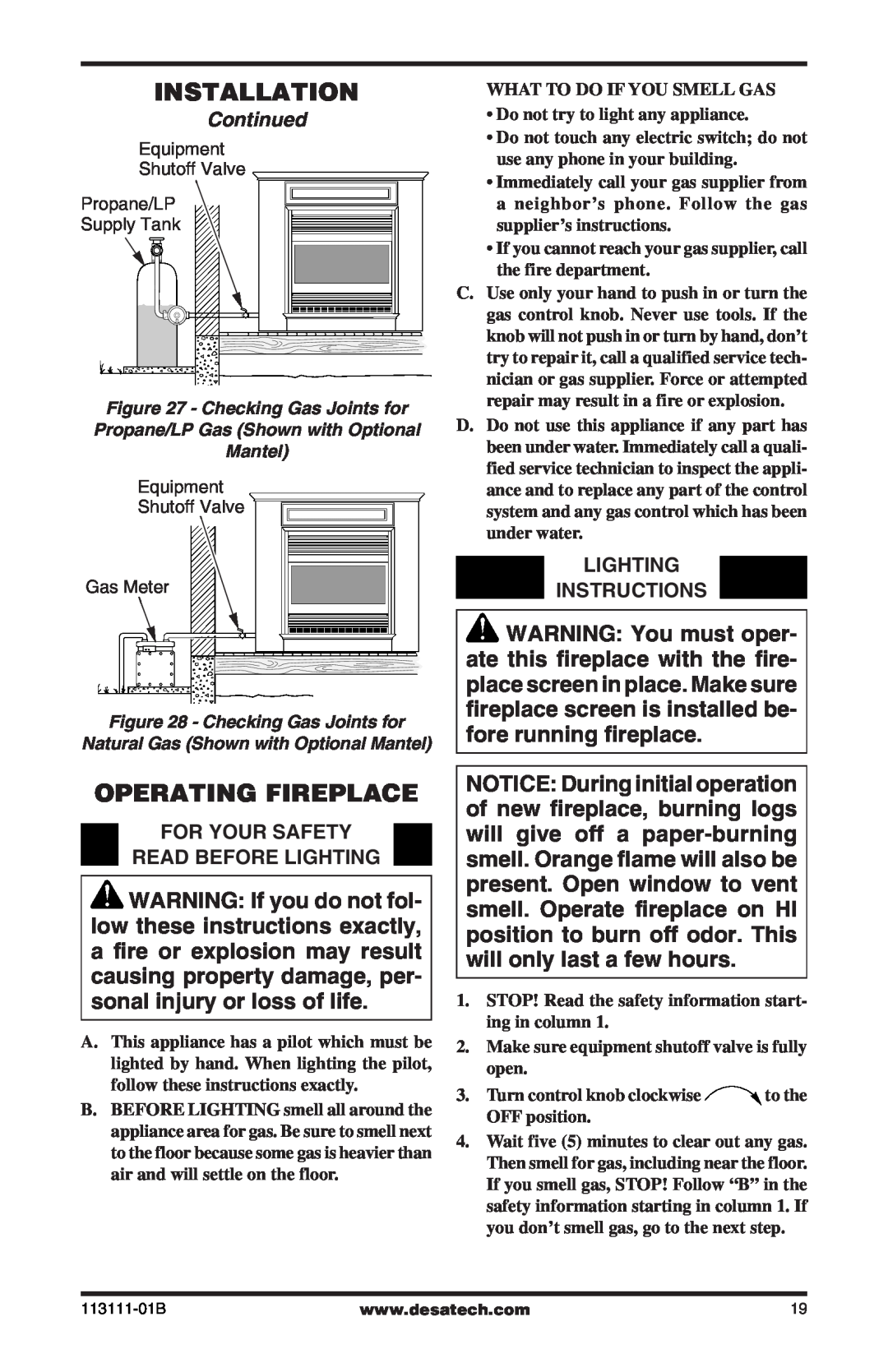Desa VMH26TNC Installation, Operating Fireplace, Continued, Lighting Instructions, For Your Safety Read Before Lighting 