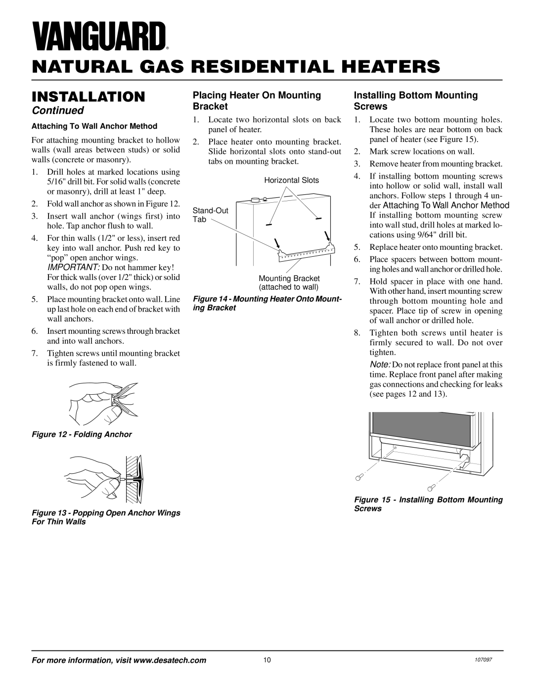 Desa VMH3000TNA installation manual Placing Heater On Mounting Bracket, Installing Bottom Mounting Screws 