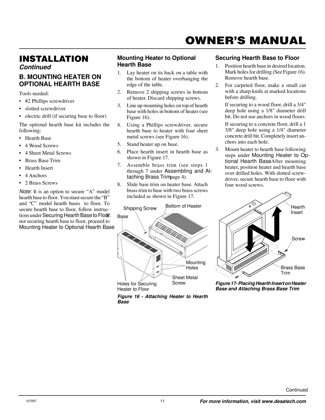 Desa VMH3000TNA installation manual Mounting Heater on Optional Hearth Base, Mounting Heater to Optional Hearth Base 