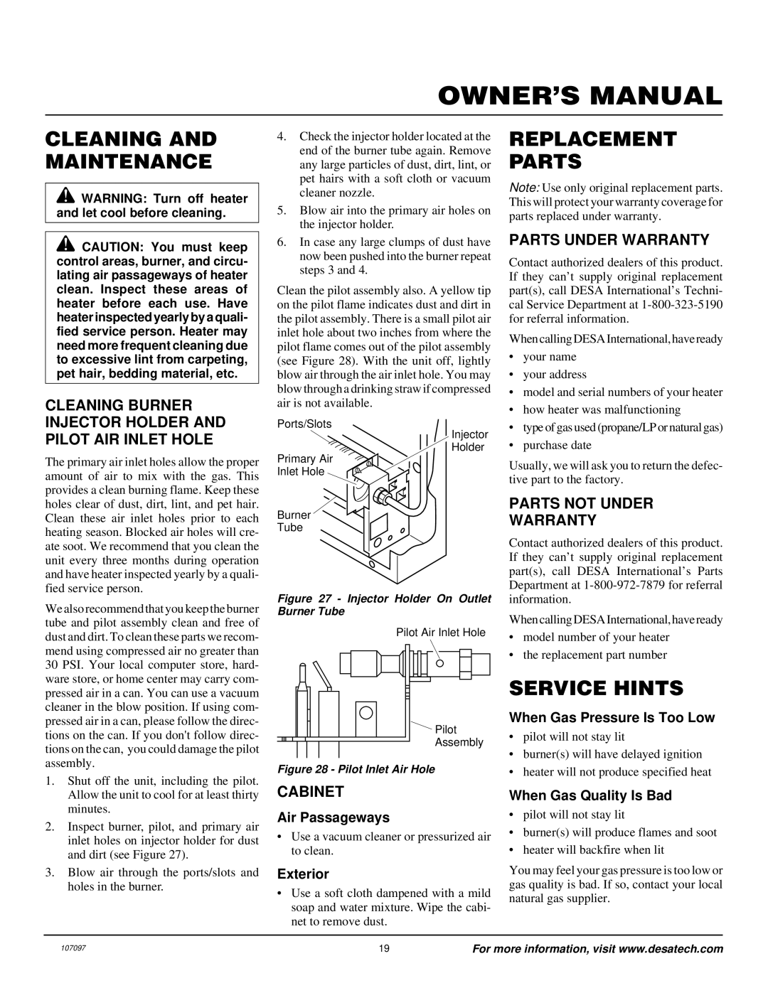 Desa VMH3000TNA installation manual Cleaning and Maintenance, Replacement Parts, Service Hints 