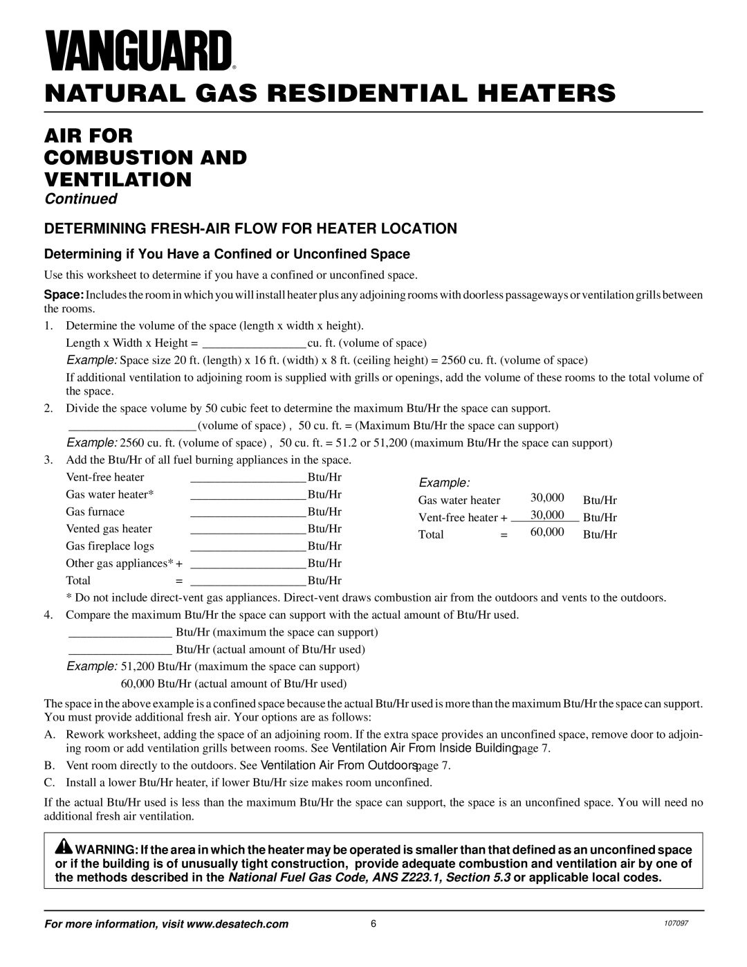 Desa VMH3000TNA installation manual AIR for Combustion Ventilation, Determining FRESH-AIR Flow for Heater Location 