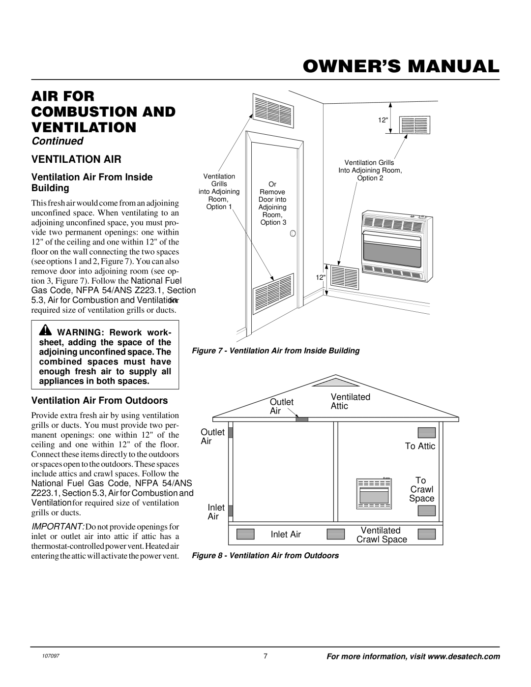 Desa VMH3000TNA installation manual Ventilation AIR, Ventilation Air From Inside Building, Ventilation Air From Outdoors 