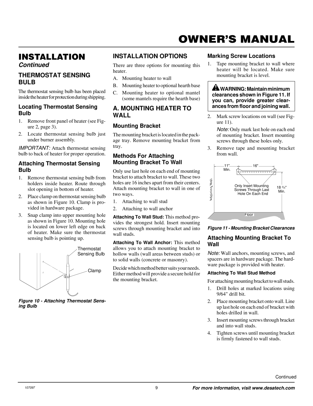 Desa VMH3000TNA installation manual Thermostat Sensing Bulb, Installation Options, Mounting Heater to Wall 