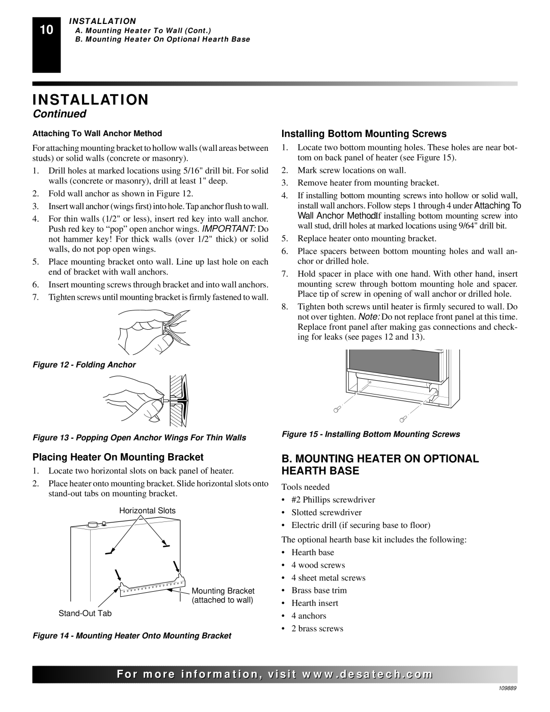 Desa VMH3000TPA installation manual Mounting Heater on Optional Hearth Base, Placing Heater On Mounting Bracket 