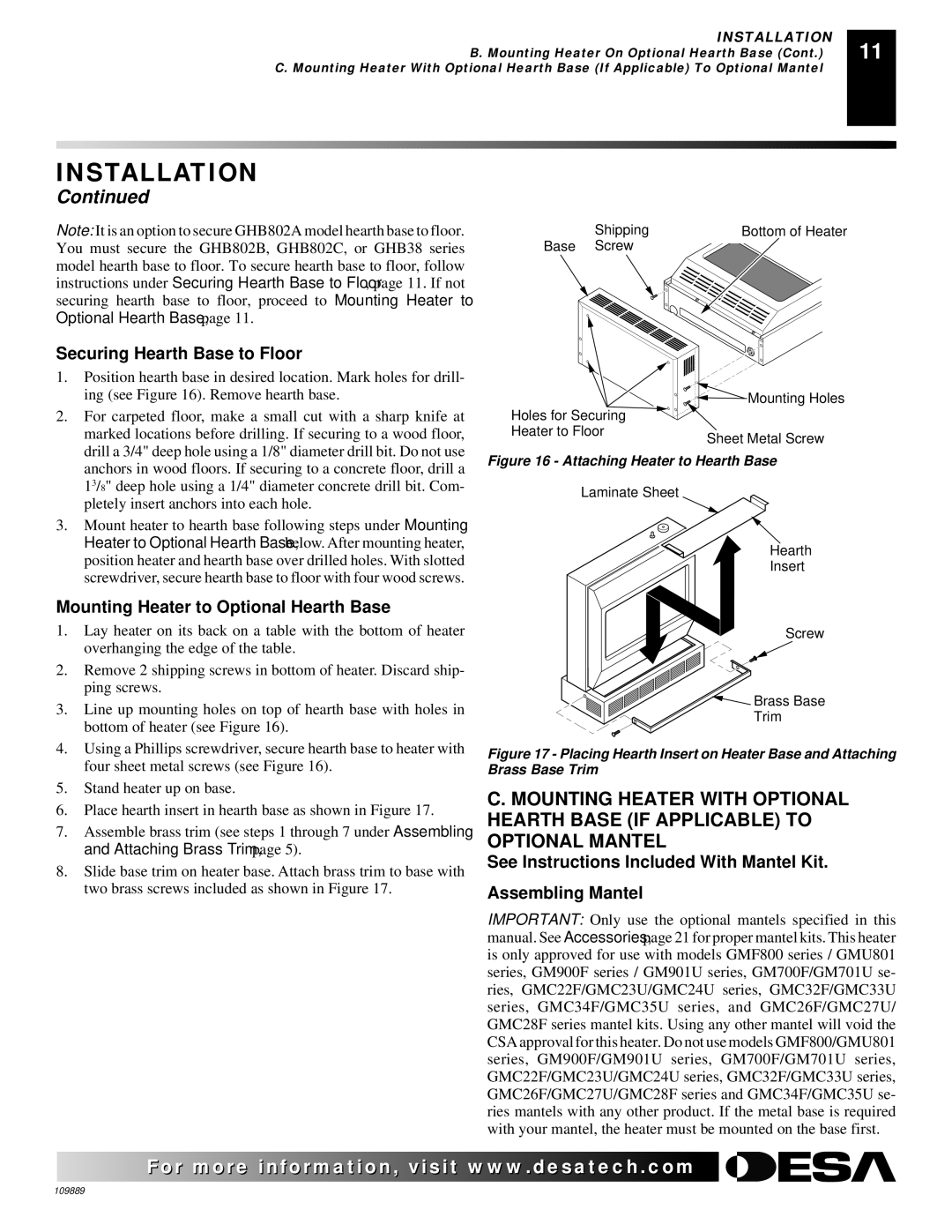 Desa VMH3000TPA installation manual Securing Hearth Base to Floor, Mounting Heater to Optional Hearth Base 