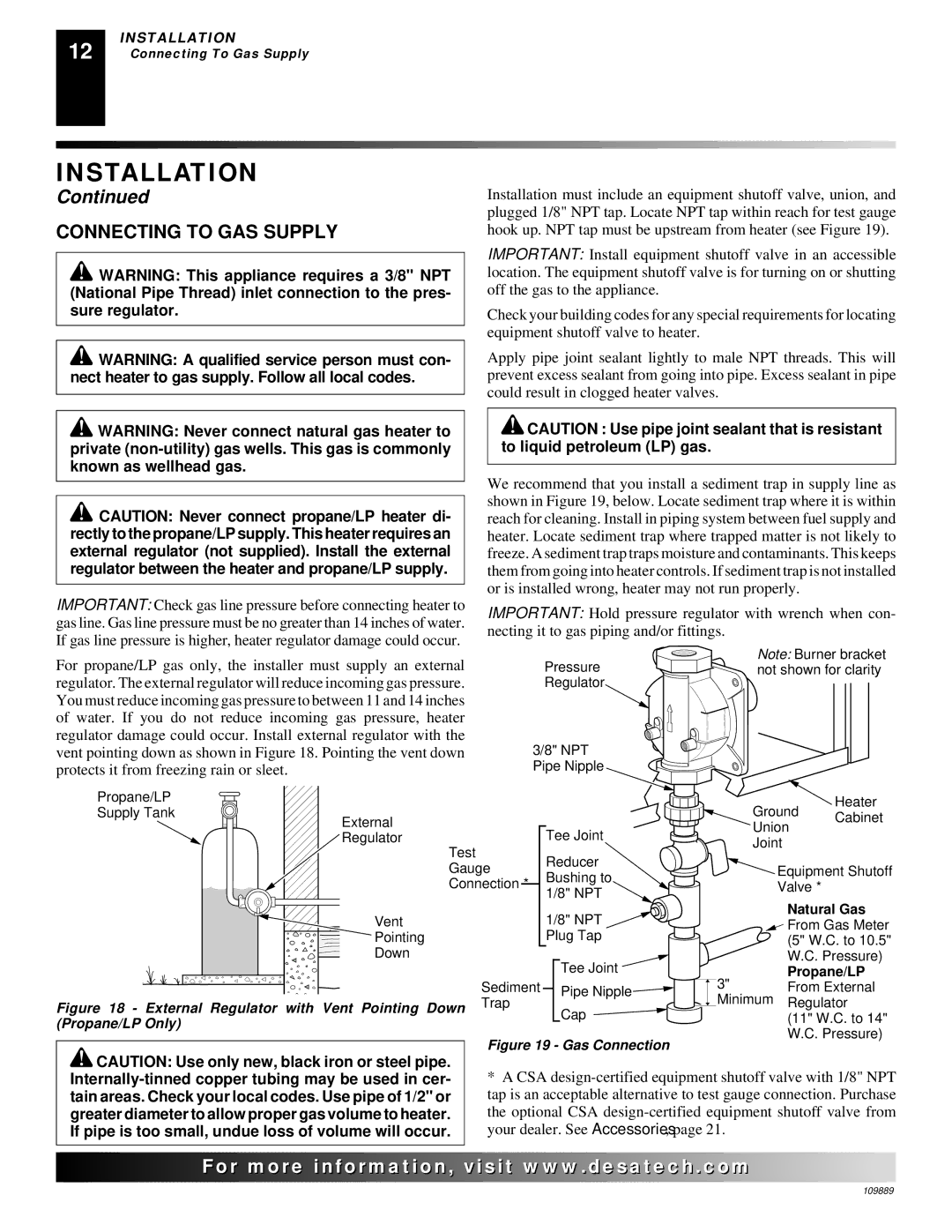 Desa VMH3000TPA installation manual Connecting to GAS Supply, Internally-tinned copper tubing may be used in cer 