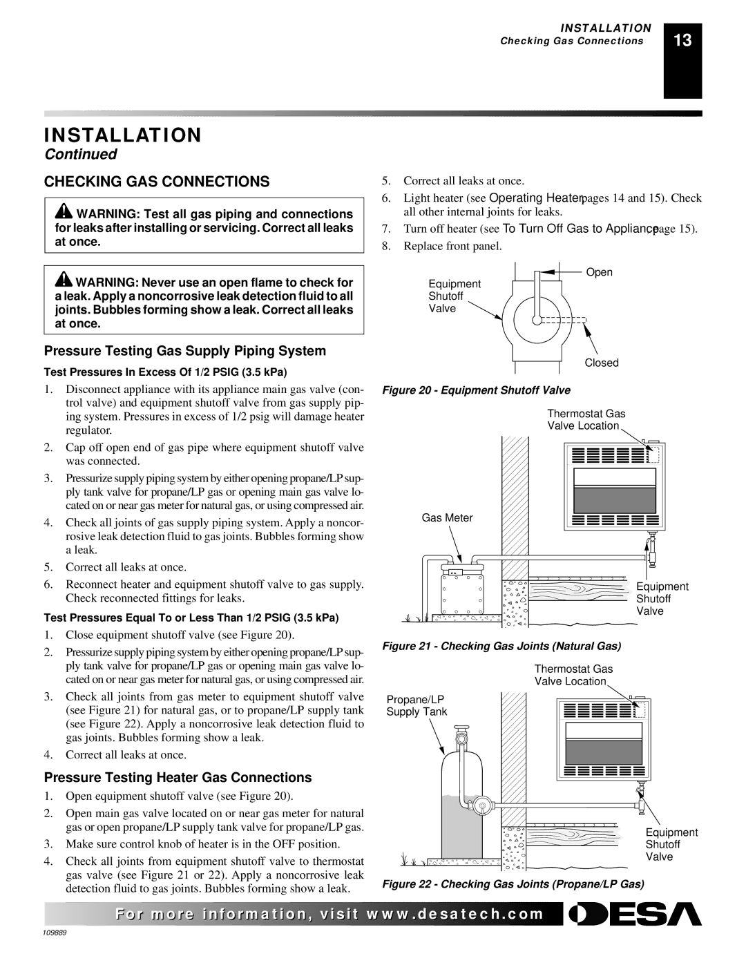 Desa VMH3000TPA installation manual Checking GAS Connections, Pressure Testing Gas Supply Piping System 