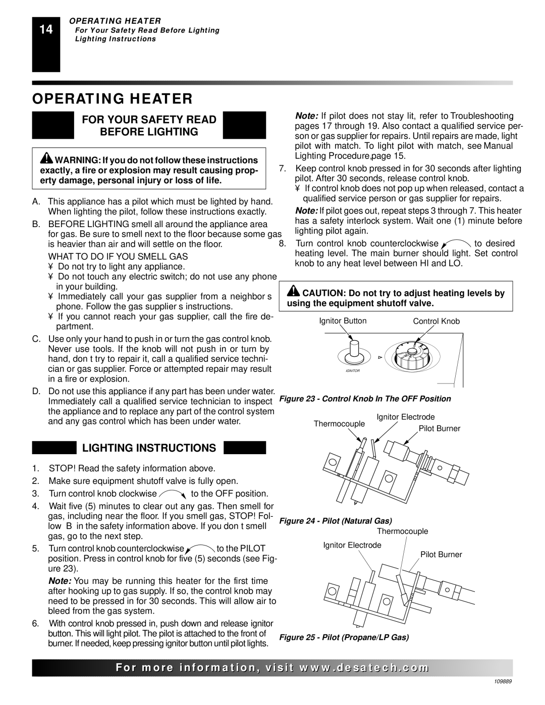 Desa VMH3000TPA installation manual Operating Heater, For Your Safety Read Before Lighting, Lighting Instructions 