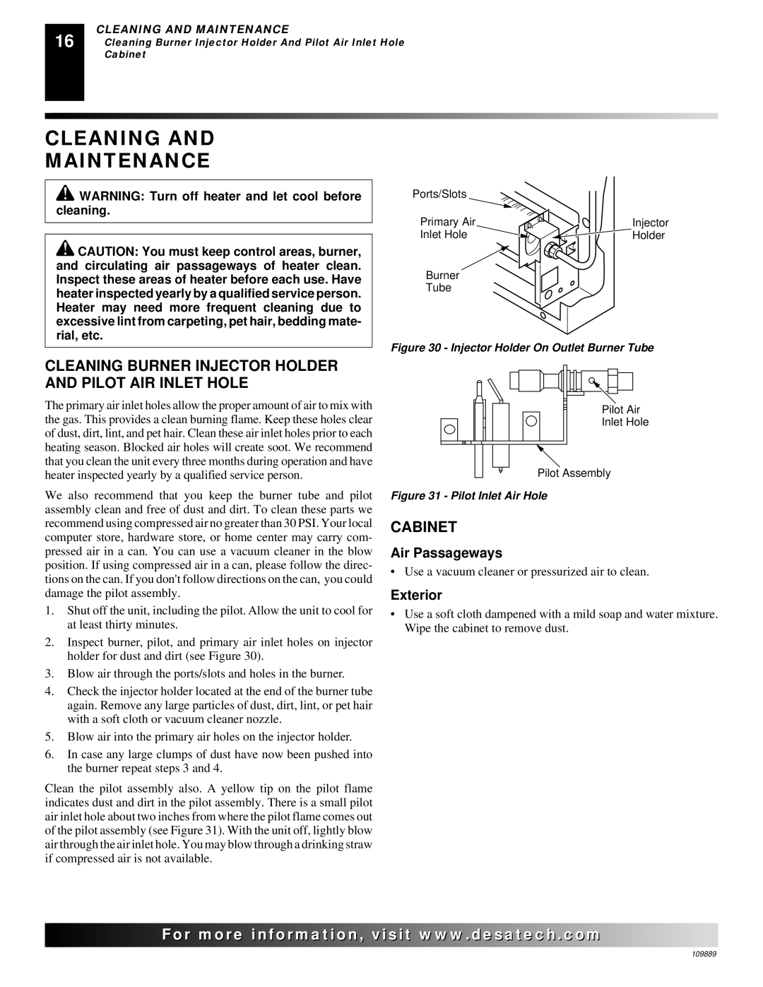 Desa VMH3000TPA Cleaning Maintenance, Cleaning Burner Injector Holder and Pilot AIR Inlet Hole, Cabinet, Air Passageways 